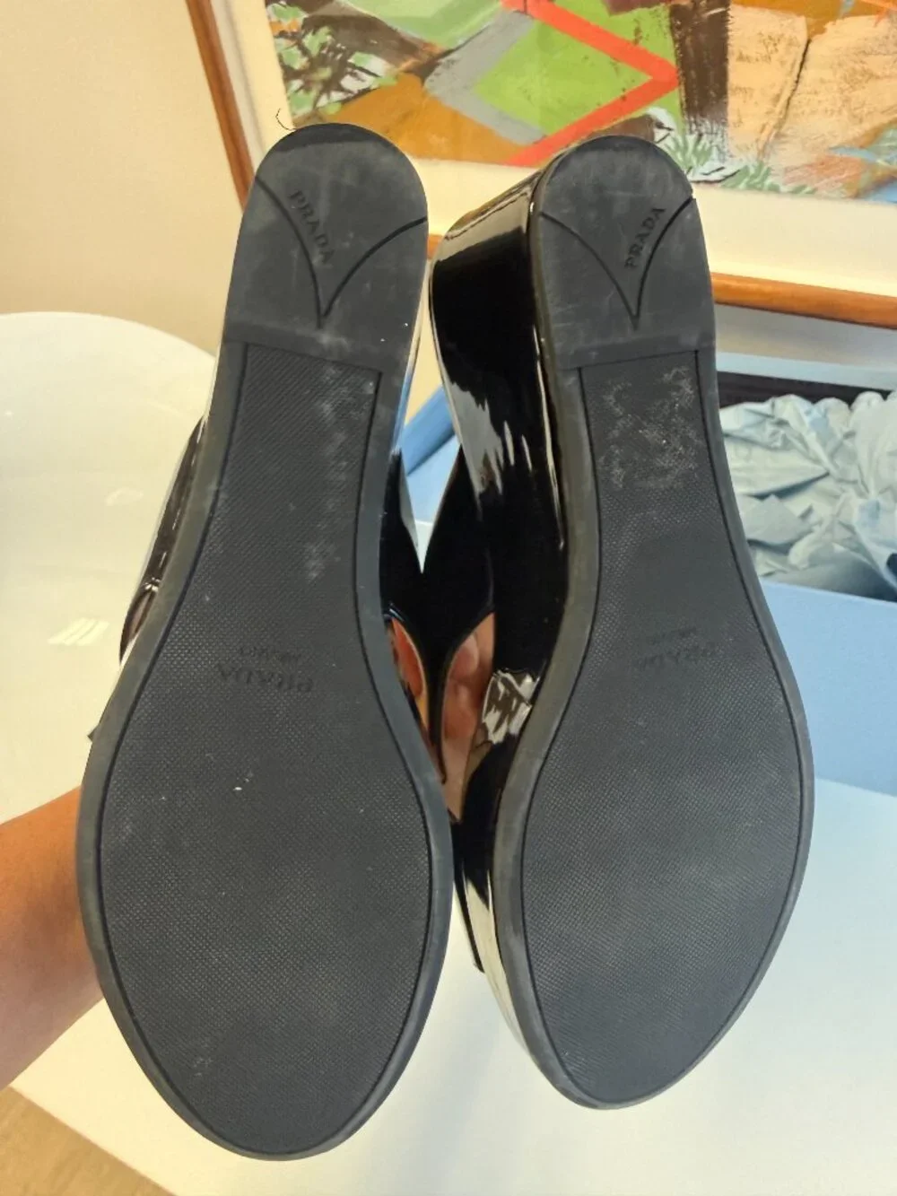 Prada Black Patent Leather Criss Cross Wedge Mule 37.5 Box Receipt Italy